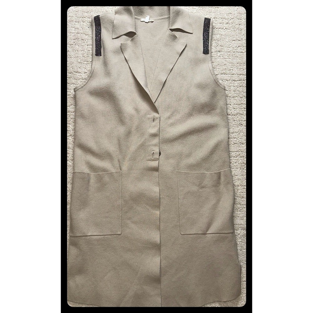 Joh. Longline Knit Vest‎ Women S Tan Beaded Shoulder Pockets Cardigan